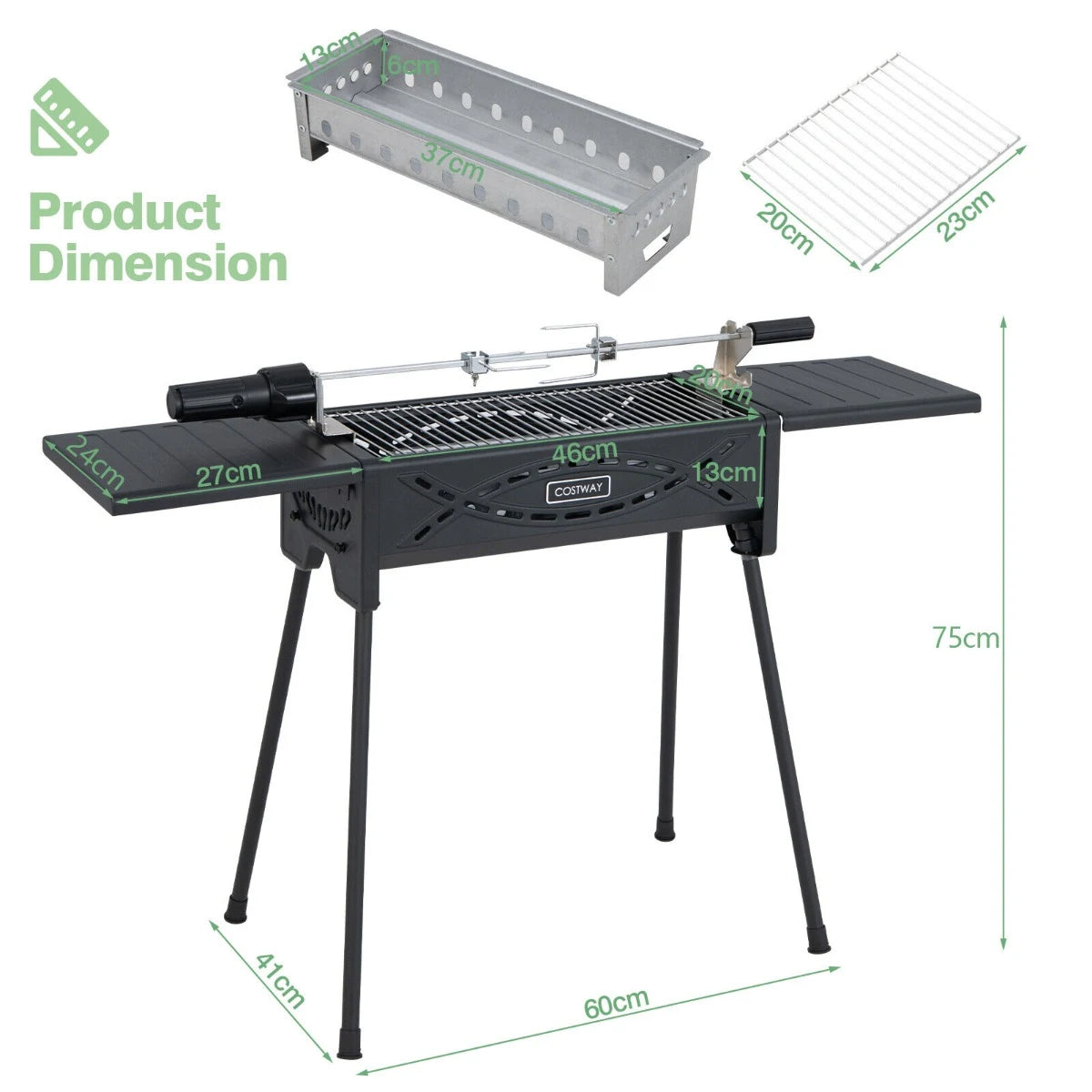 Portable Charcoal Grill with Electric Roasting Fork-Black