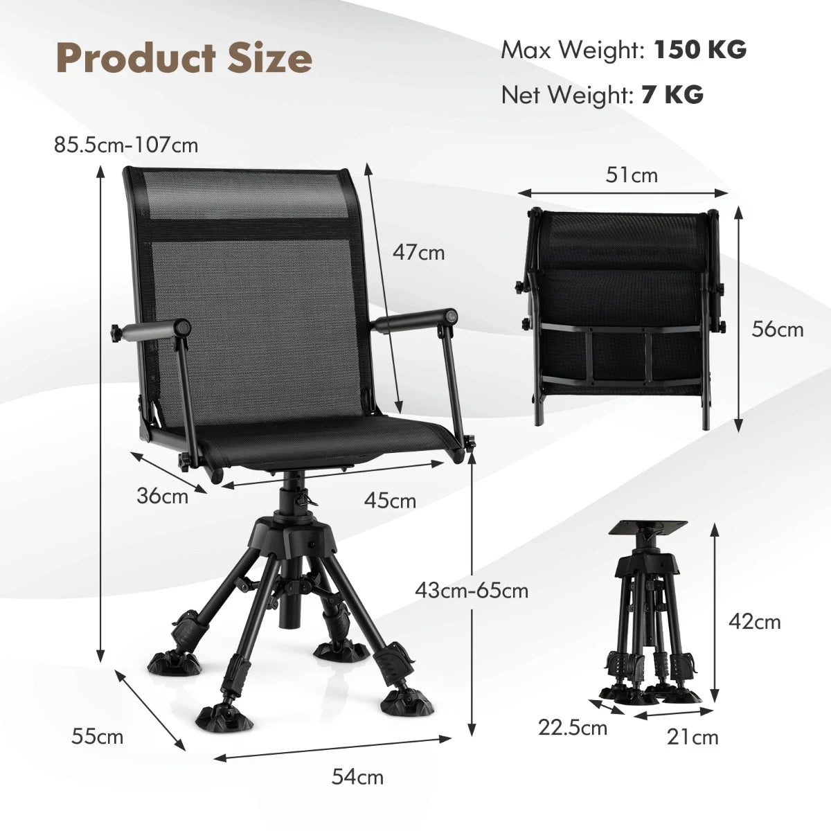 Folding Swivel Hunting Blind Chair with 4 Adjustable Legs-Black