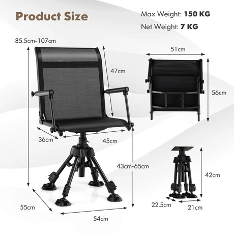 Folding Swivel Hunting Blind Chair with 4 Adjustable Legs-Black