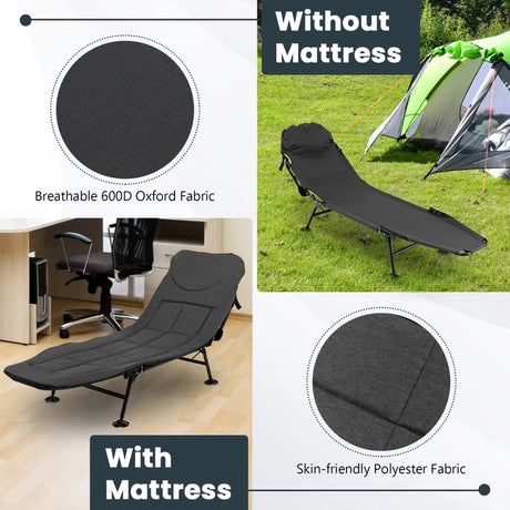 Folding Camping Cot with Detachable Mattress and 6-Position Adjustable Backrest for Camp/Office