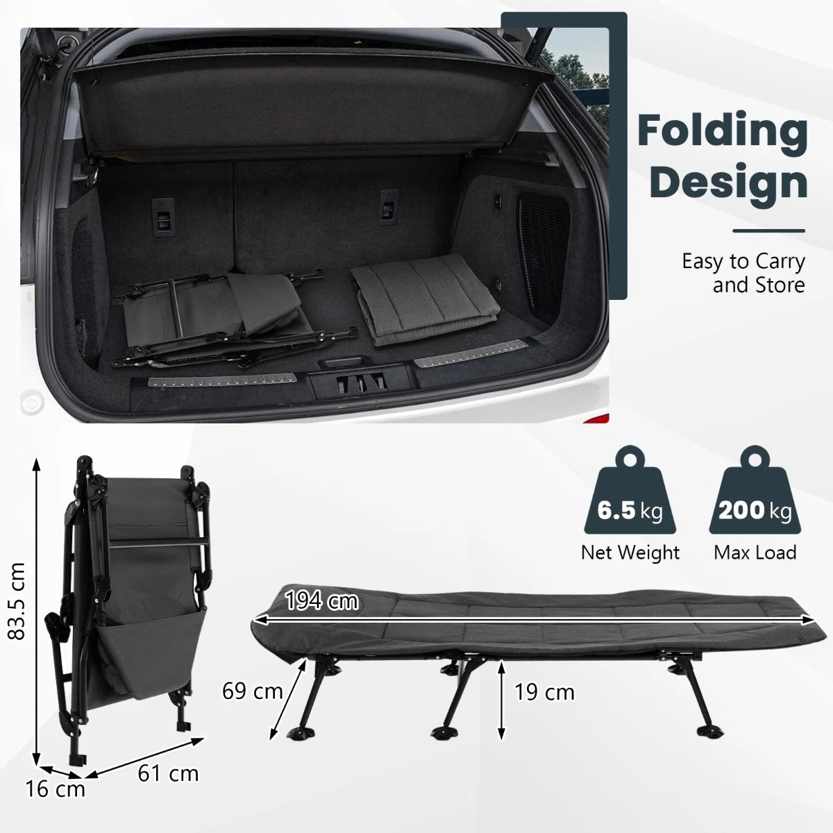 Folding Camping Cot with Detachable Mattress and 6-Position Adjustable Backrest for Camp/Office