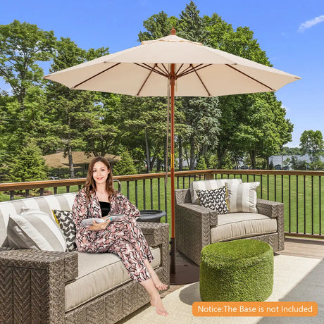 9.5 Feet Pulley Lift Round Patio Umbrella with Fiberglass Ribs-Beige