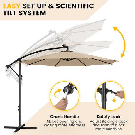 303 CM Solar-Powered Patio Offset Umbrella with 112 LED Lights-Beige
