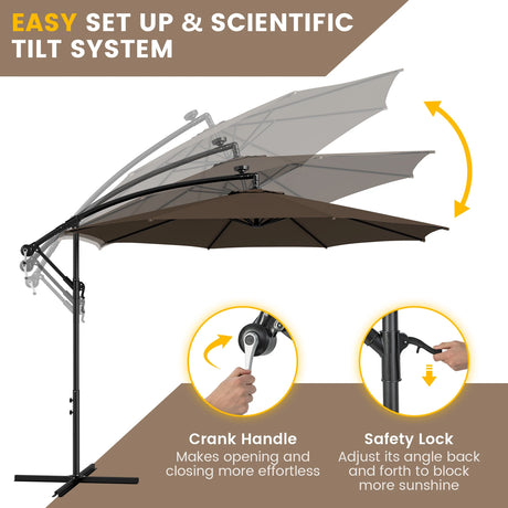 10 Feet Patio Offset Umbrella with 112 Solar-Powered LED Lights-Beige-Coffee