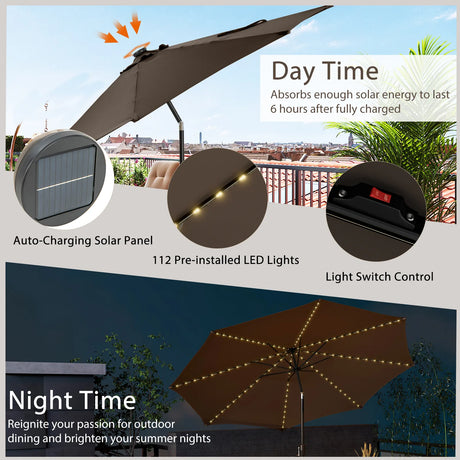 10 Feet Patio Umbrella with 112 Solar Lights and Crank Handle-Coffee