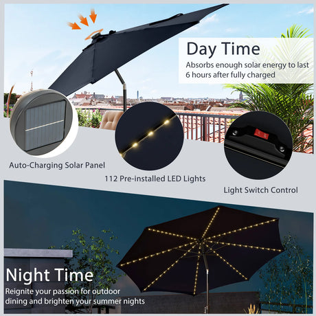 10 Feet Patio Umbrella with 112 Solar Lights and Crank Handle-Navy