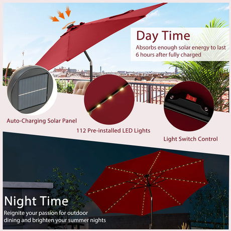 10 Feet Patio Umbrella with 112 Solar Lights and Crank Handle-Wine