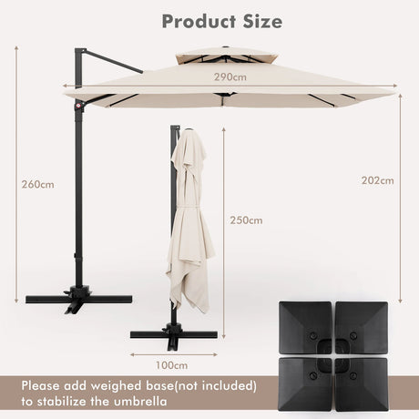 9.5 Feet Cantilever Patio Umbrella with 360 Rotation and Double Top-Beige
