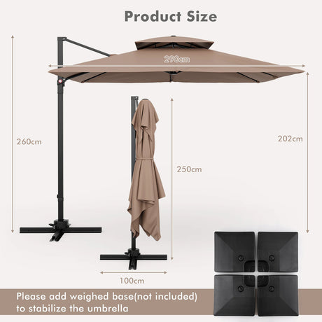 9.5 Feet Cantilever Patio Umbrella with 360 Rotation and Double Top-Coffee