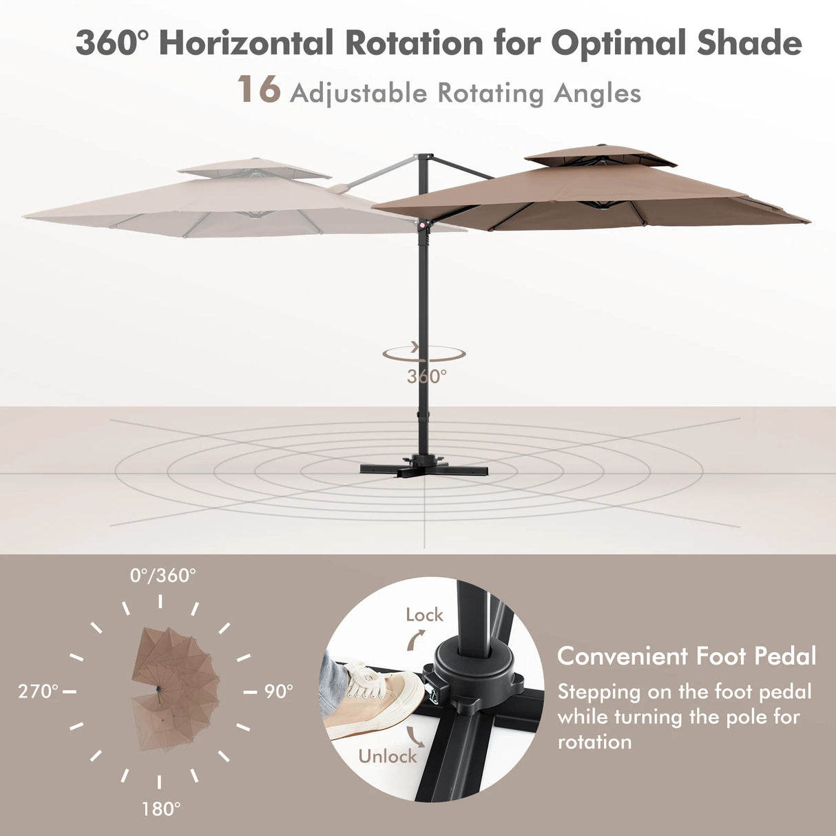 9.5 Feet Cantilever Patio Umbrella with 360 Rotation and Double Top-Coffee