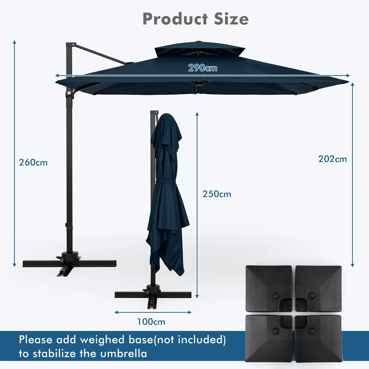 9.5 Feet Cantilever Patio Umbrella with 360 Rotation and Double Top-Navy