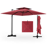 3M Square Cantilever Garden Parasol with 360 Rotation and Double Top-Wine