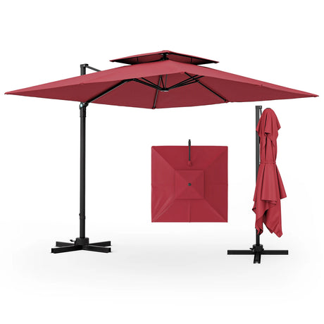 3M Square Cantilever Garden Parasol with 360 Rotation and Double Top-Wine