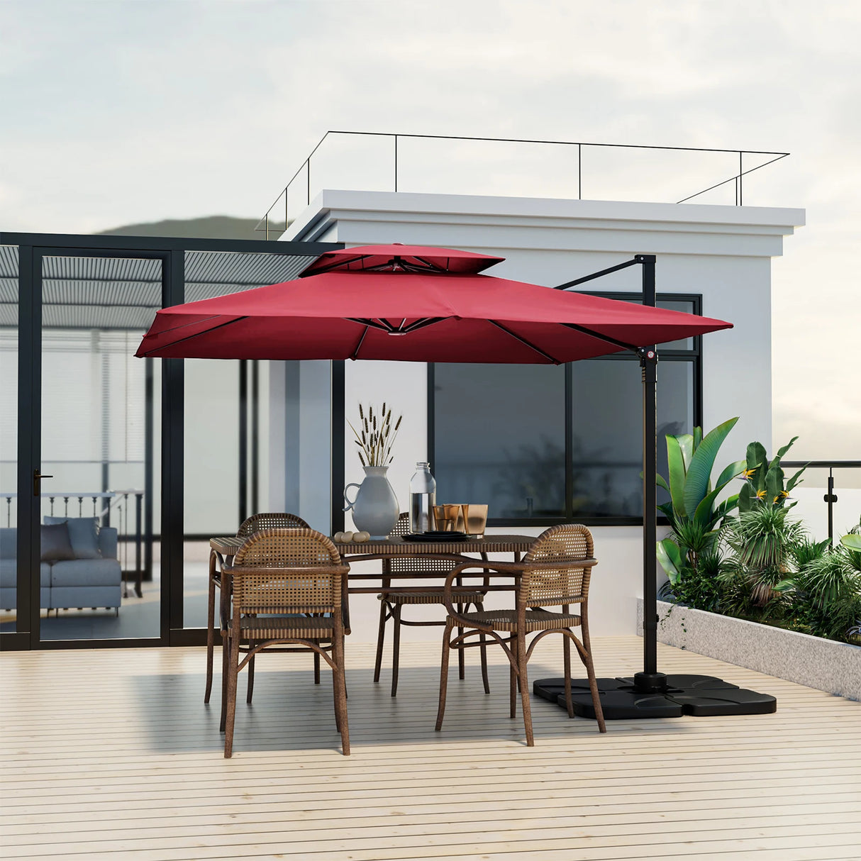 3M Square Cantilever Garden Parasol with 360 Rotation and Double Top-Wine
