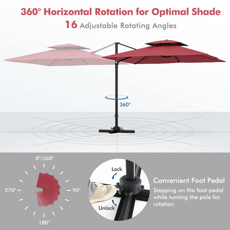 3M Square Cantilever Garden Parasol with 360 Rotation and Double Top-Wine