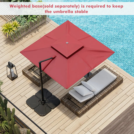 3M Square Cantilever Garden Parasol with 360 Rotation and Double Top-Wine