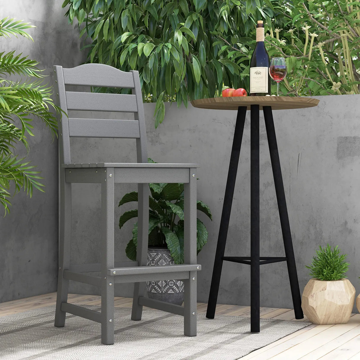 30 Inches Counter Height HDPE Bar Stool with Backrest and Footrest-Gray