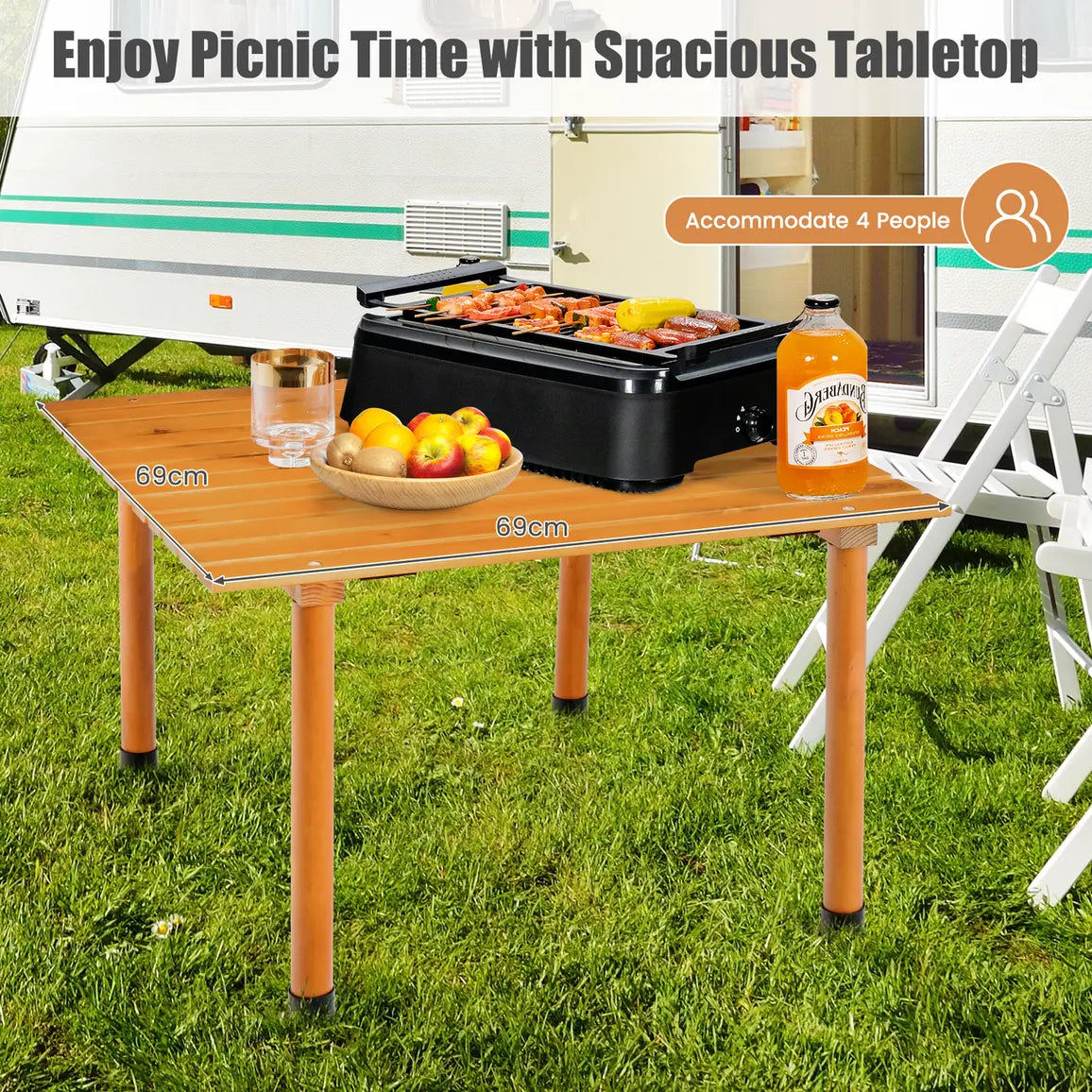 Outdoor Folding Camping Roll up Table with Carry Bag for Picnic &amp; Beach-Natural