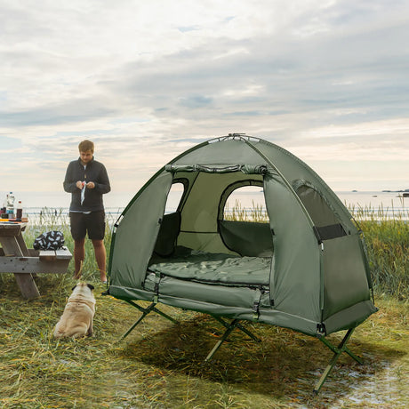 1-Person Folding Camping Tent with Sunshade and Air Mattress