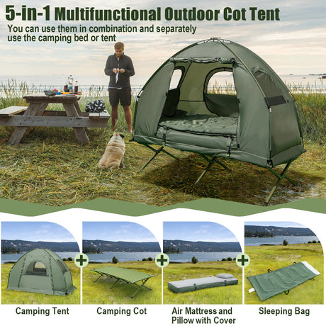 1-Person Folding Camping Tent with Sunshade and Air Mattress