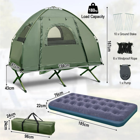 1-Person Folding Camping Tent with Sunshade and Air Mattress