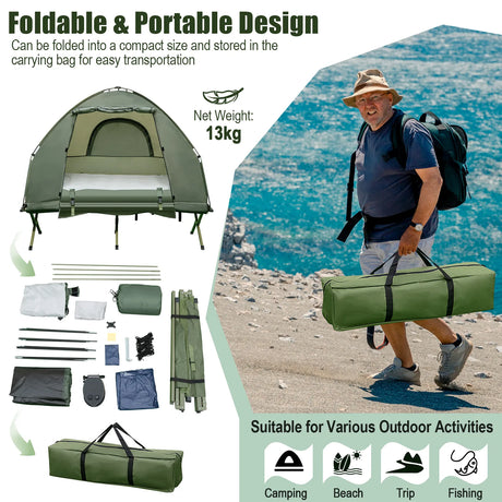 1-Person Folding Camping Tent with Sunshade and Air Mattress