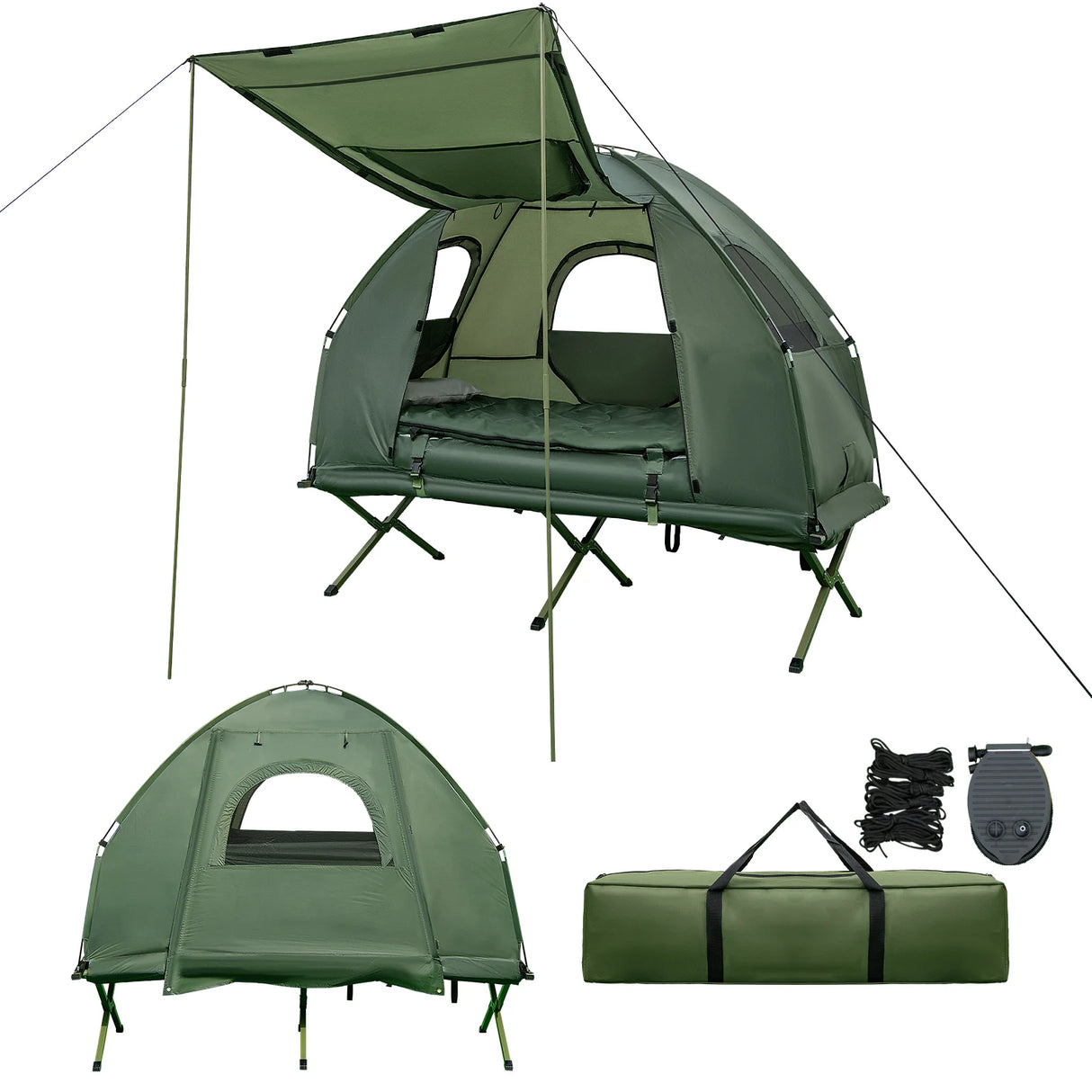1-Person Folding Camping Tent with Sunshade and Air Mattress