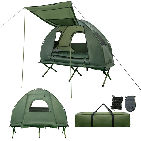 1-Person Folding Camping Tent with Sunshade and Air Mattress