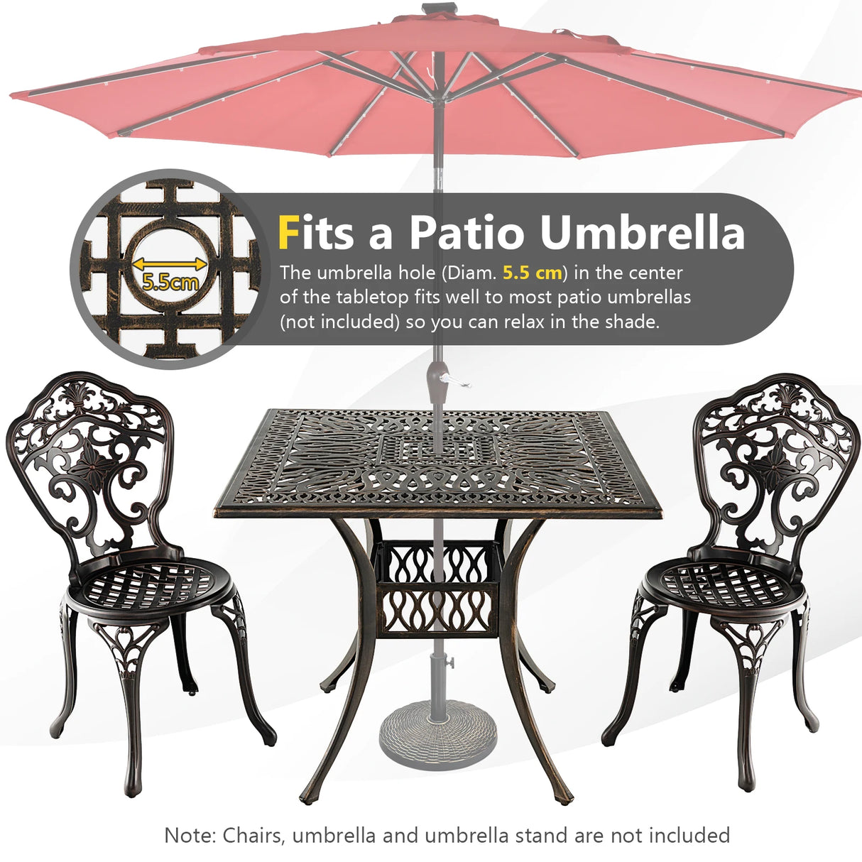 35.4 Inch Aluminum Patio Square Dining Table with Umbrella Hole-Bronze