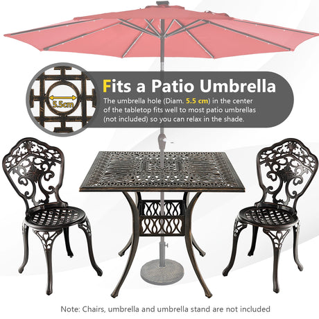35.4 Inch Aluminum Patio Square Dining Table with Umbrella Hole-Bronze