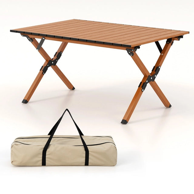 Folding Lightweight Aluminum Camping Table with Wood Grain-M