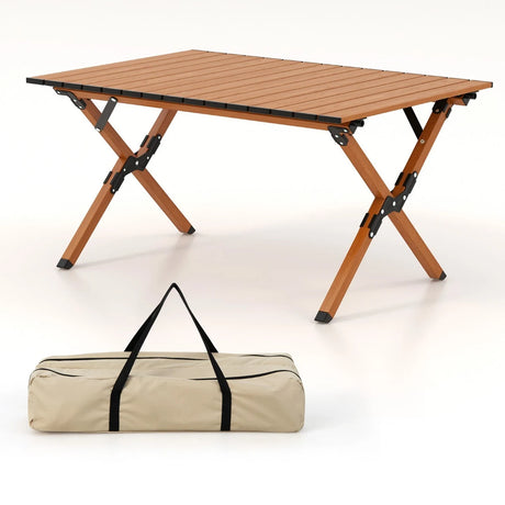 Folding Lightweight Aluminum Camping Table with Wood Grain-M