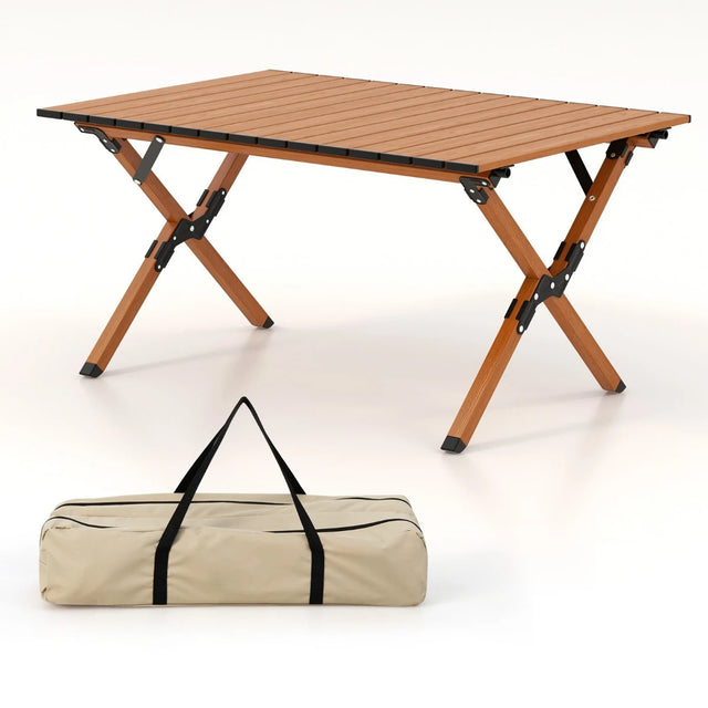Folding Lightweight Aluminum Camping Table with Wood Grain-M