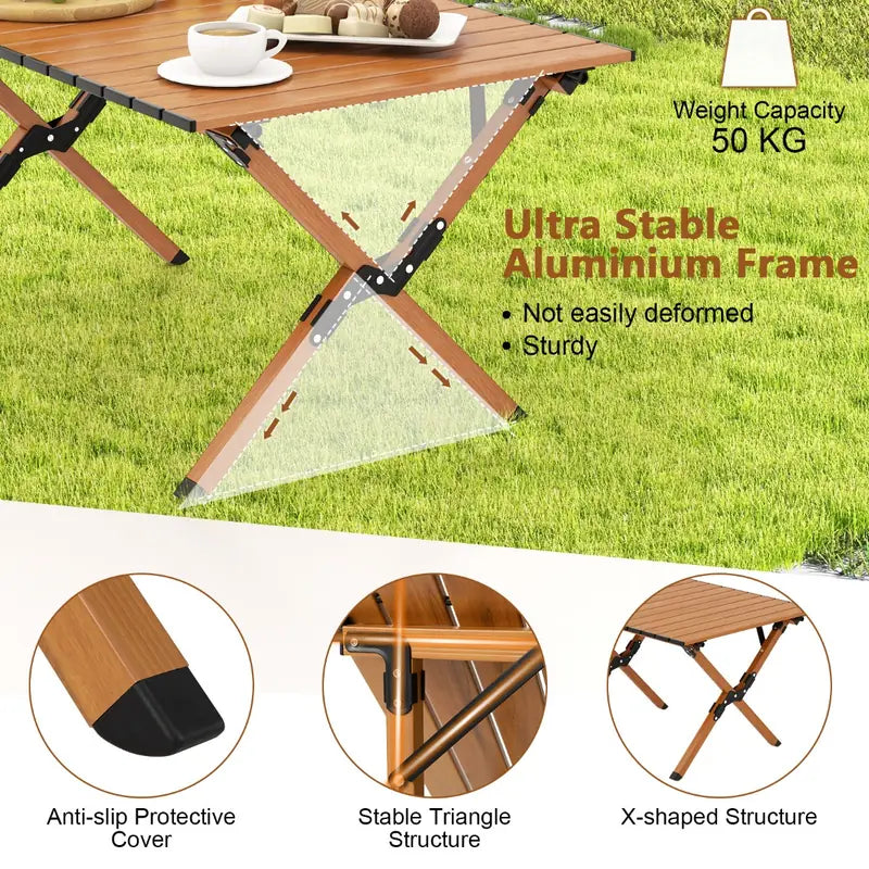 Folding Lightweight Aluminum Camping Table with Wood Grain-M