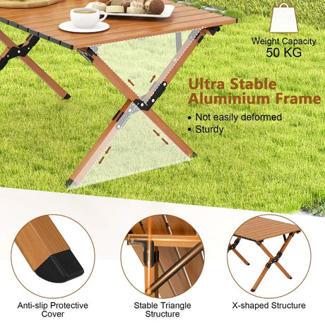 Folding Lightweight Aluminum Camping Table with Wood Grain-M