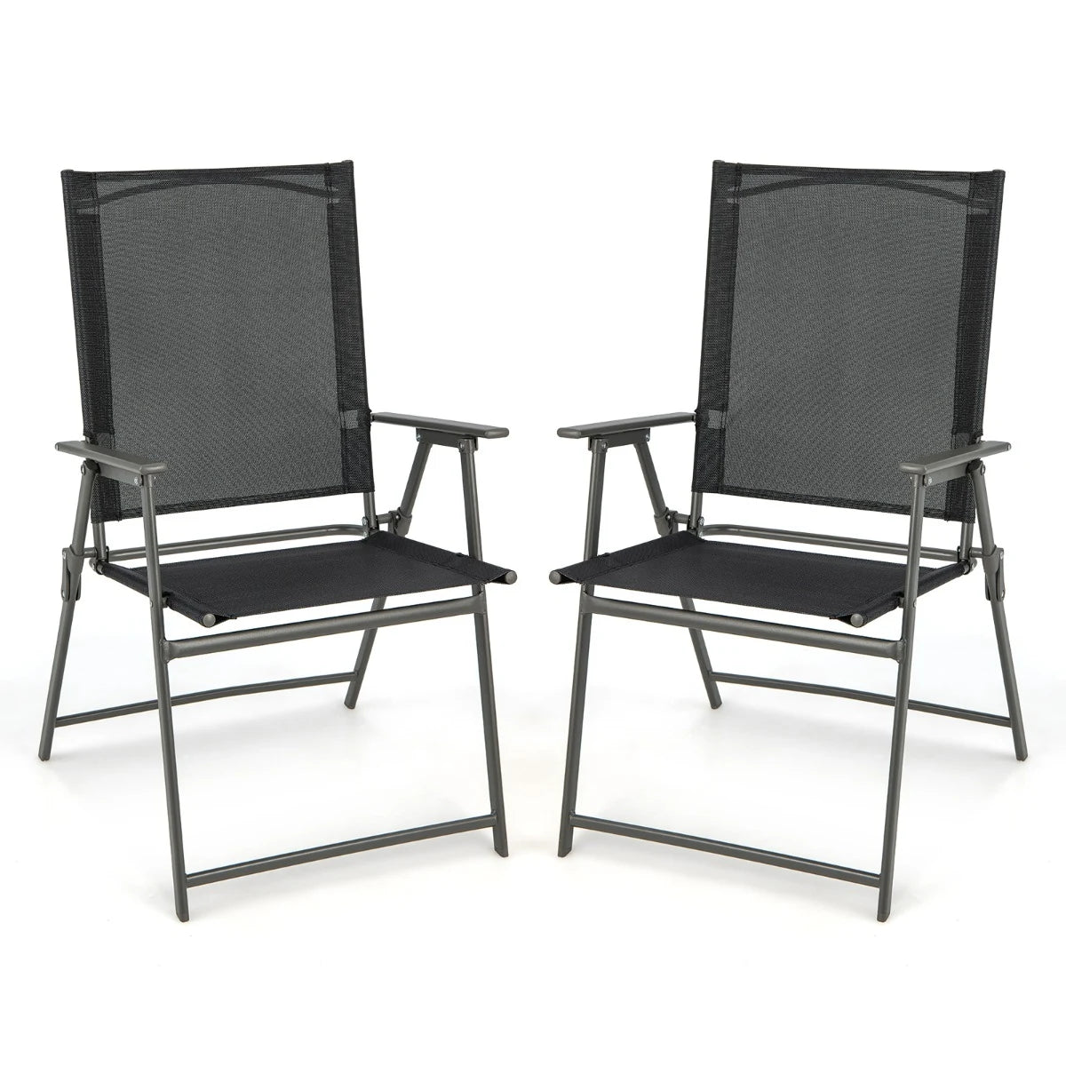 2 Pieces Patio Folding Chairs with Armrests for Deck Garden Yard-Black & Gray