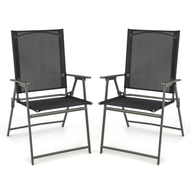 2 Pieces Patio Folding Chairs with Armrests for Deck Garden Yard-Black & Gray
