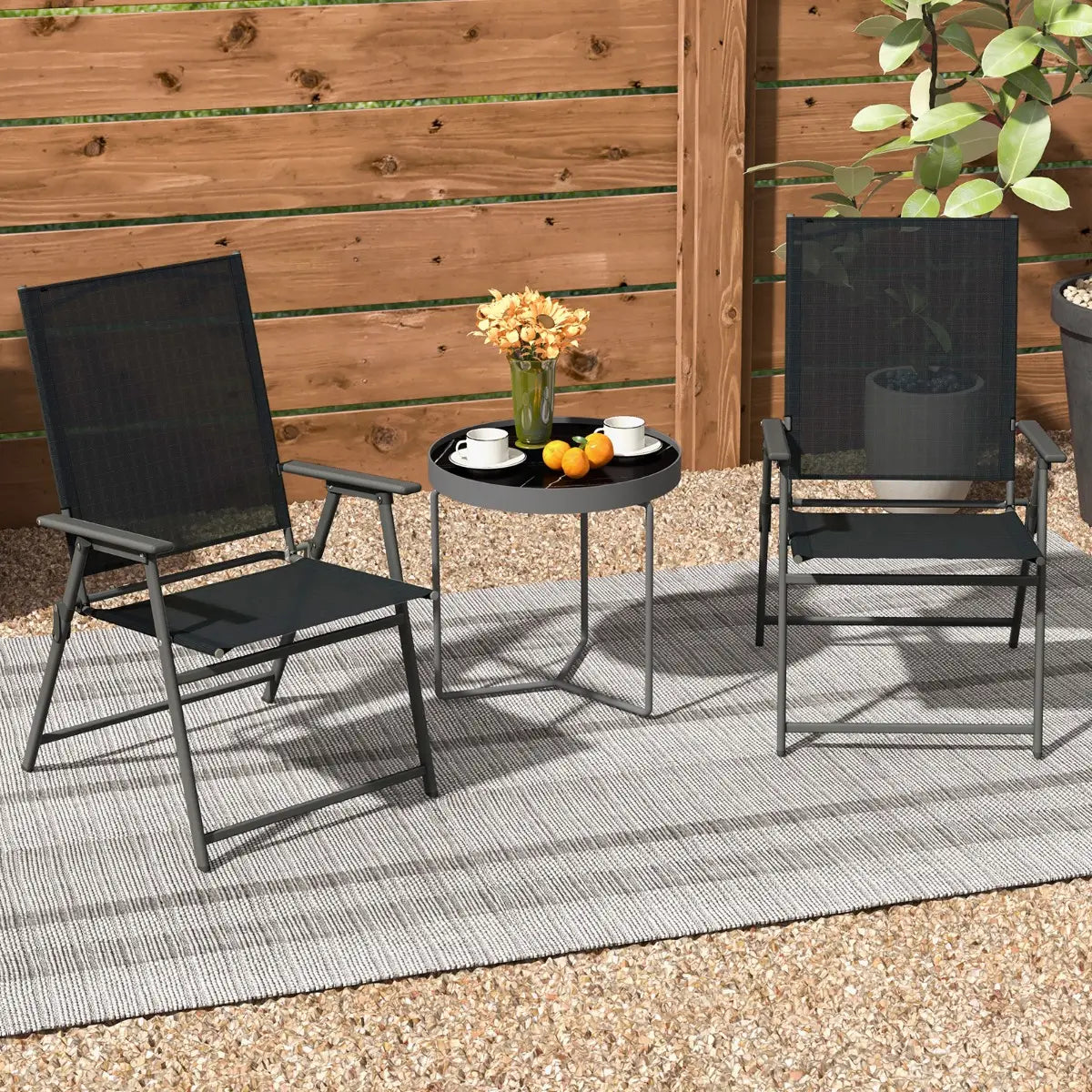 2 Pieces Patio Folding Chairs with Armrests for Deck Garden Yard-Black & Gray