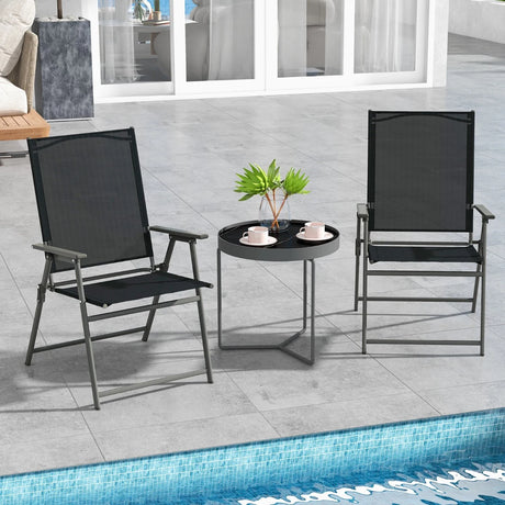 2 Pieces Patio Folding Chairs with Armrests for Deck Garden Yard-Black & Gray