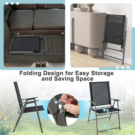 2 Pieces Patio Folding Chairs with Armrests for Deck Garden Yard-Black & Gray