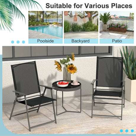 2 Pieces Patio Folding Chairs with Armrests for Deck Garden Yard-Black & Gray