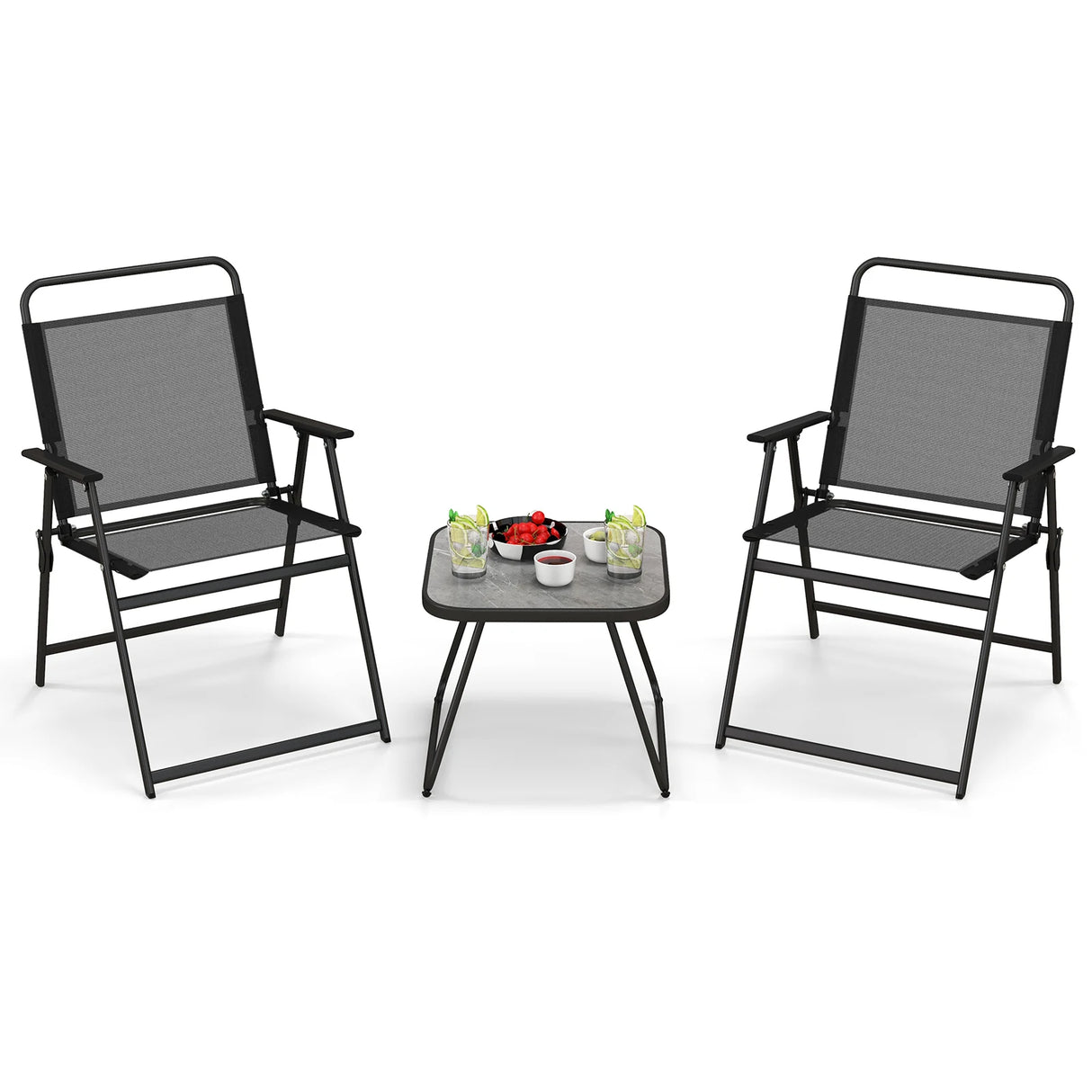 3 Pieces Patio Folding Conversation Chairs and Table-Black
