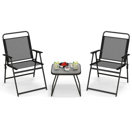 3 Pieces Patio Folding Conversation Chairs and Table-Black