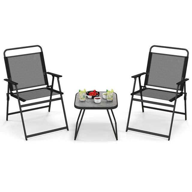 3 Pieces Patio Folding Conversation Chairs and Table-Black