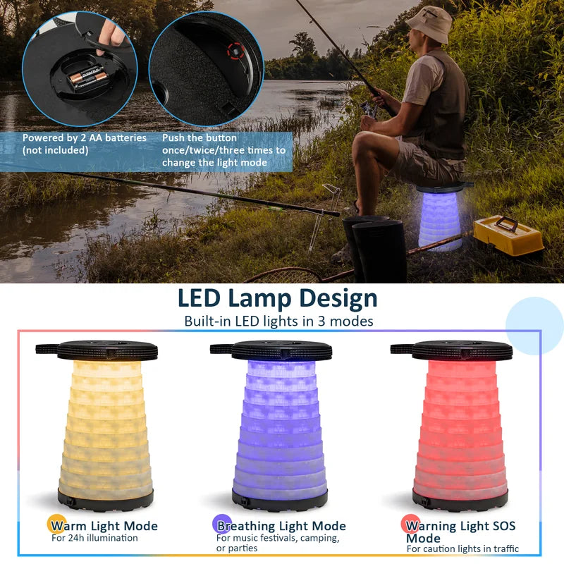3 Pieces Folding Camping Table Stool Set with 2 Retractable LED Stools-Black