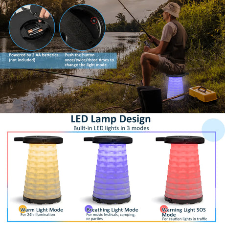 3 Pieces Folding Camping Table Stool Set with 2 Retractable LED Stools-Black