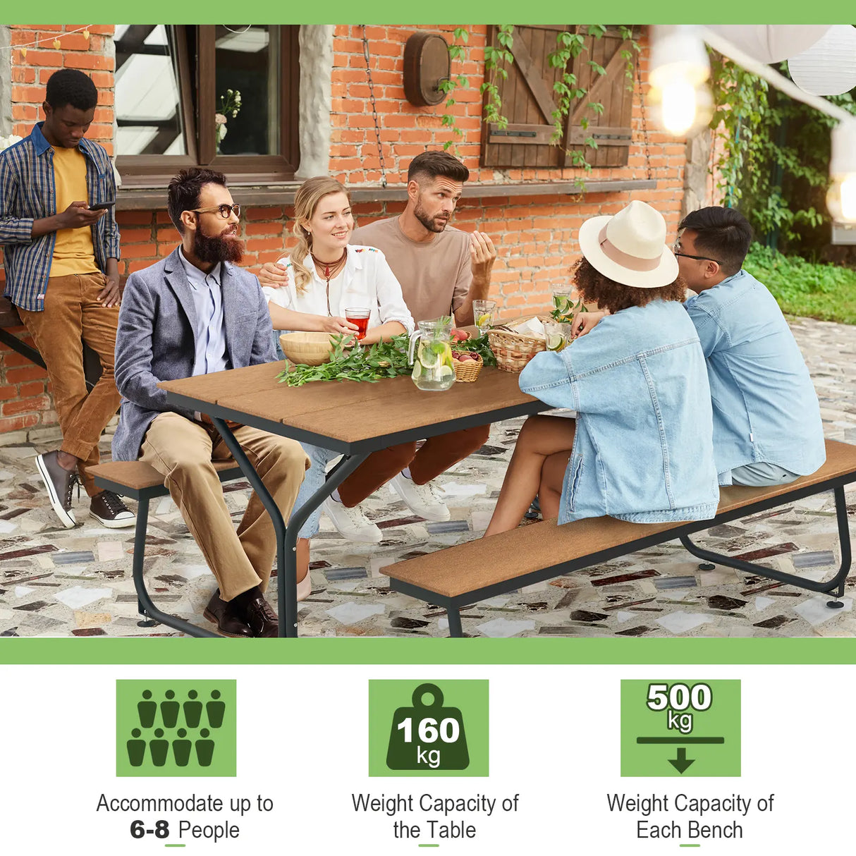 6 Feet Outdoor Picnic Table Bench Set for 6-8 People-Brown