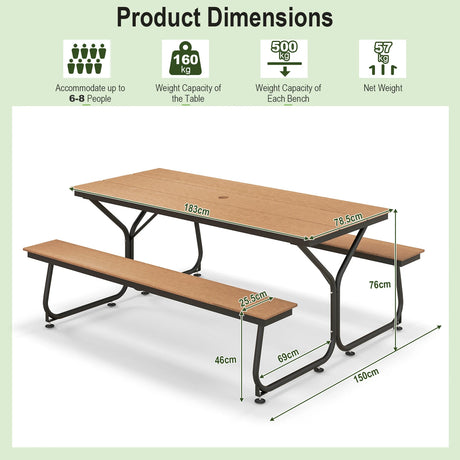 6 Feet Outdoor Picnic Table Bench Set for 6-8 People-Brown