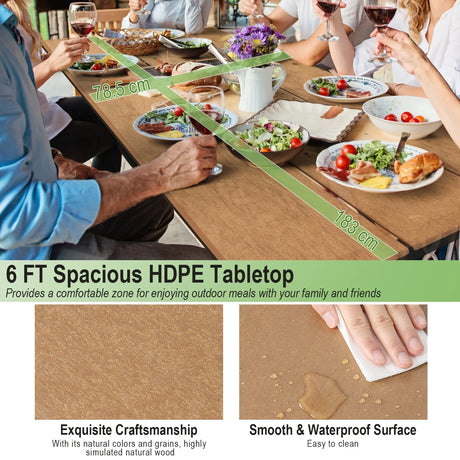 6 Feet Outdoor Picnic Table Bench Set for 6-8 People-Brown