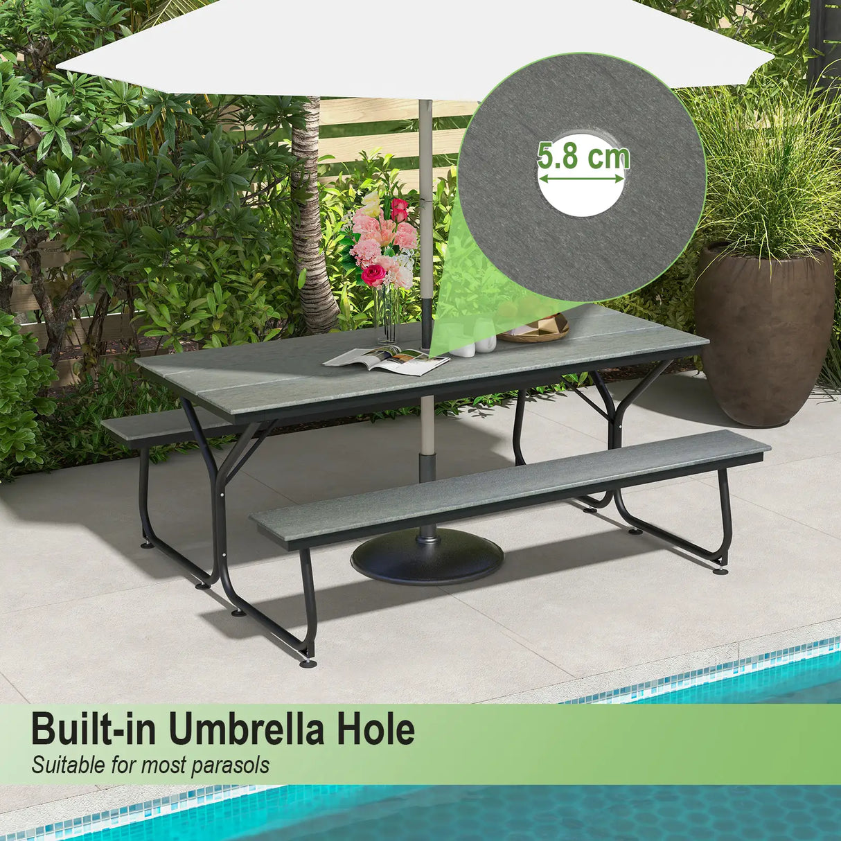 6 Feet Outdoor Picnic Table Bench Set for 6-8 People-Gray